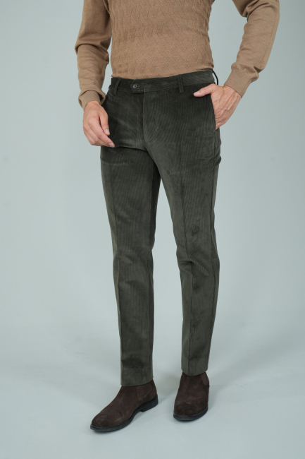 Haki Kadife Pamuk Modal Likralı Esnek Rahat 4 Cepli Erkek Pantolon