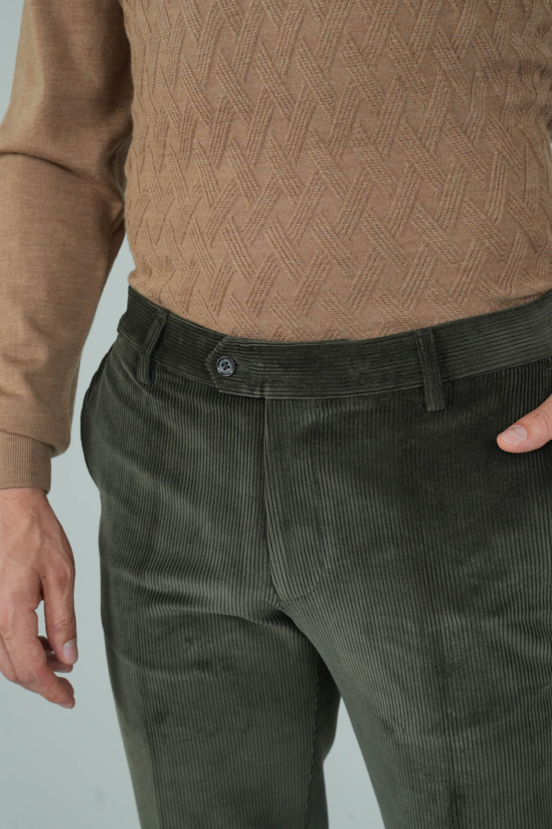 Haki Kadife Pamuk Modal Likralı Esnek Rahat 4 Cepli Erkek Pantolon - 3