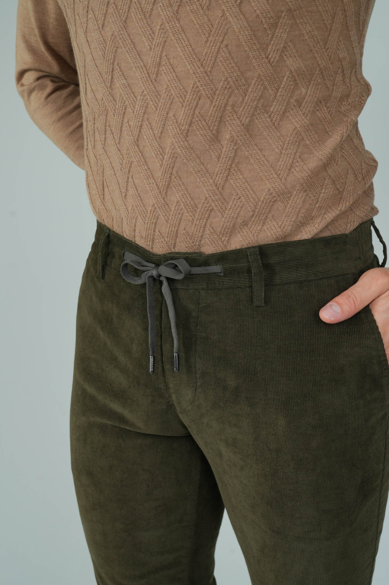 Haki Kadife Pamuklu Likralı Esnek Rahat Jagger Erkek Pantolon - 3