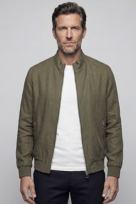 Haki Yazlık Keten Erkek Mont  - 1