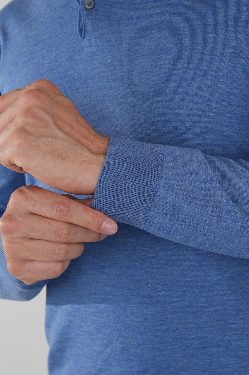 Indigo Düğmeli Polo Yaka Erkek Yün Triko - 4