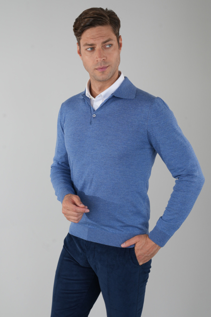 Indigo Düğmeli Polo Yaka Erkek Yün Triko