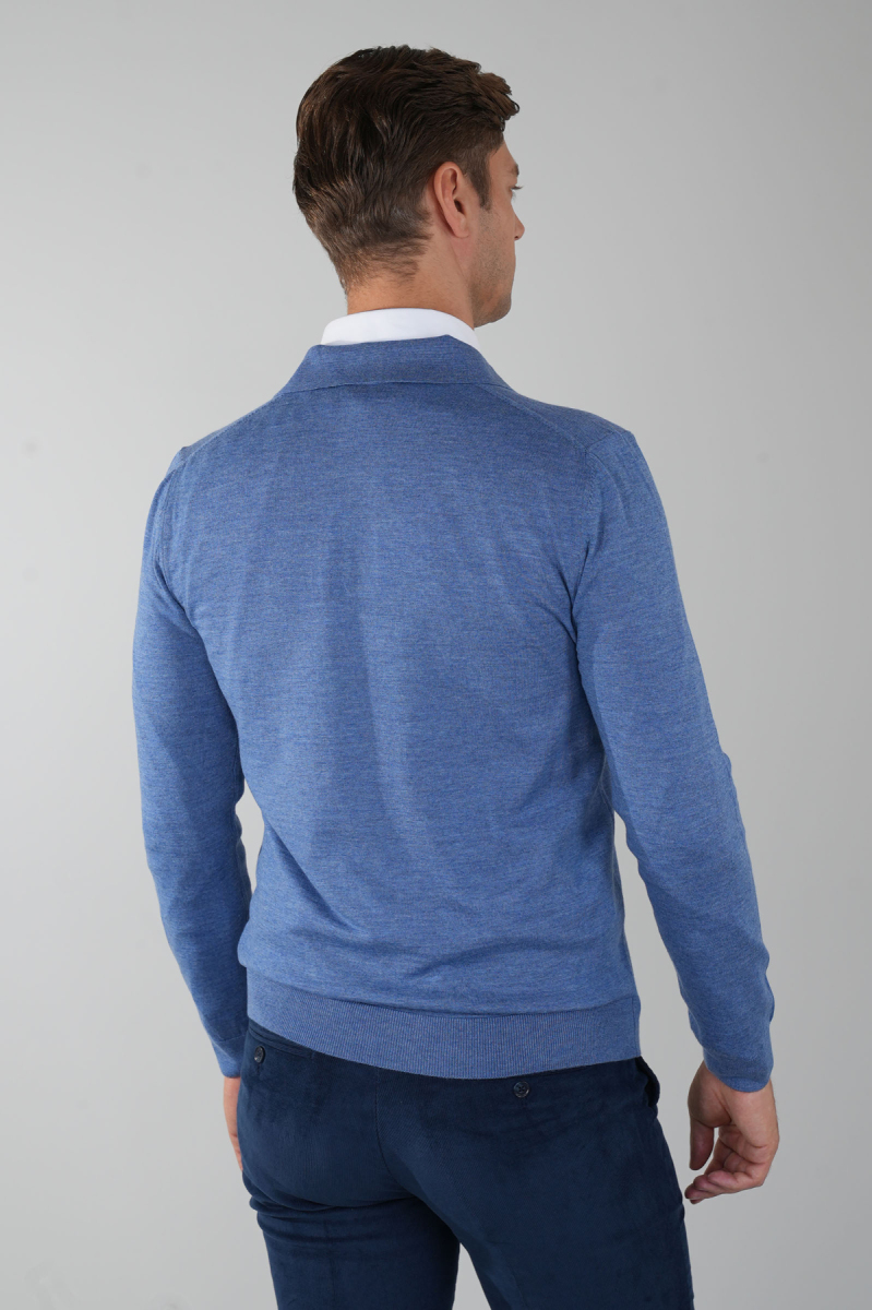 Indigo Düğmeli Polo Yaka Erkek Yün Triko - 2