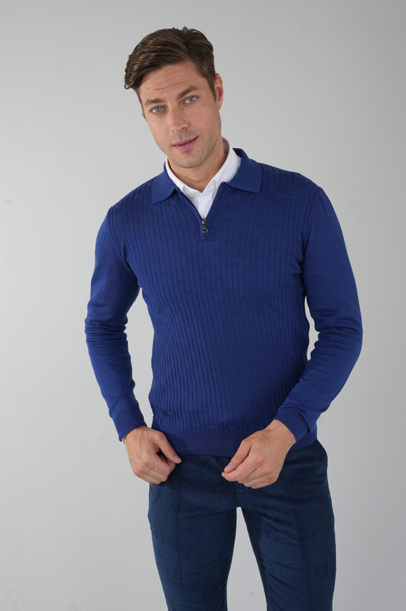 Indigo Polo Yaka Fermuarlı Ön Jakar Yün Erkek Triko - 1