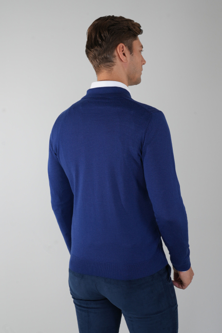 Indigo Polo Yaka Fermuarlı Ön Jakar Yün Erkek Triko - 2