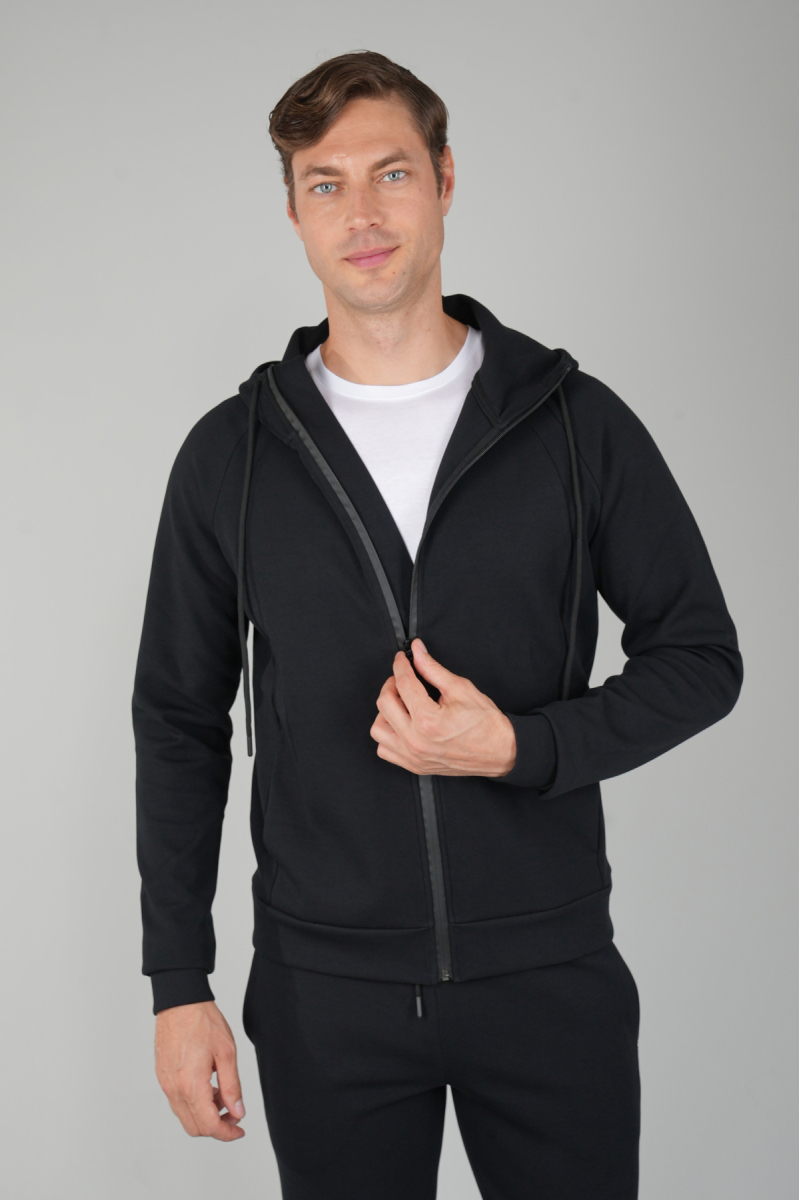 Erkek Pamuk Likralı Siyah Eşofman Üstü - 1