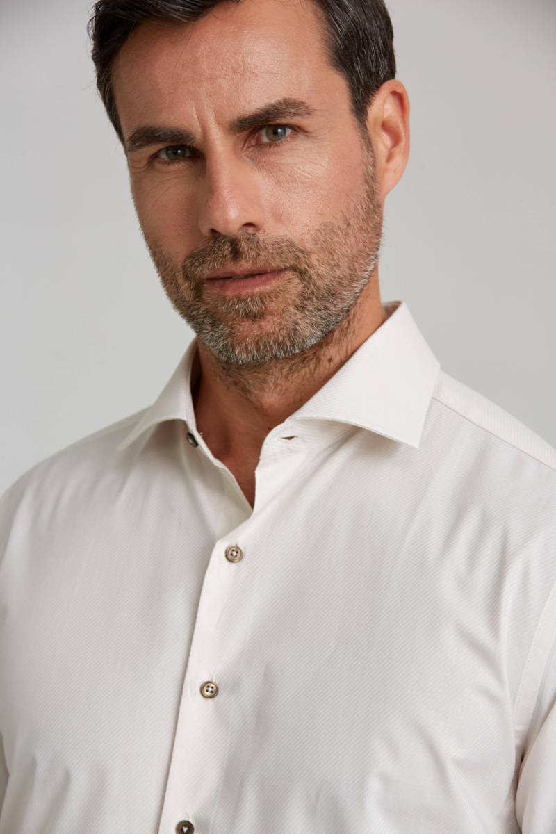 İtalyan Yaka Gizli Düğmeli Uzun Kollu Ekru Spor Erkek Gömlek - 4