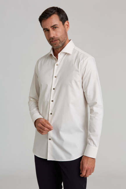 İtalyan Yaka Gizli Düğmeli Uzun Kollu Ekru Spor Erkek Gömlek - 1