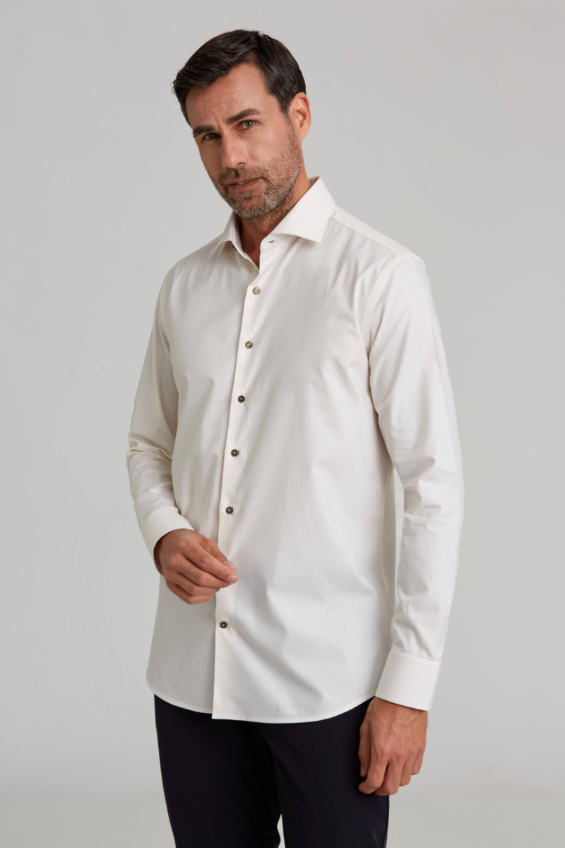İtalyan Yaka Gizli Düğmeli Uzun Kollu Ekru Spor Erkek Gömlek - 1