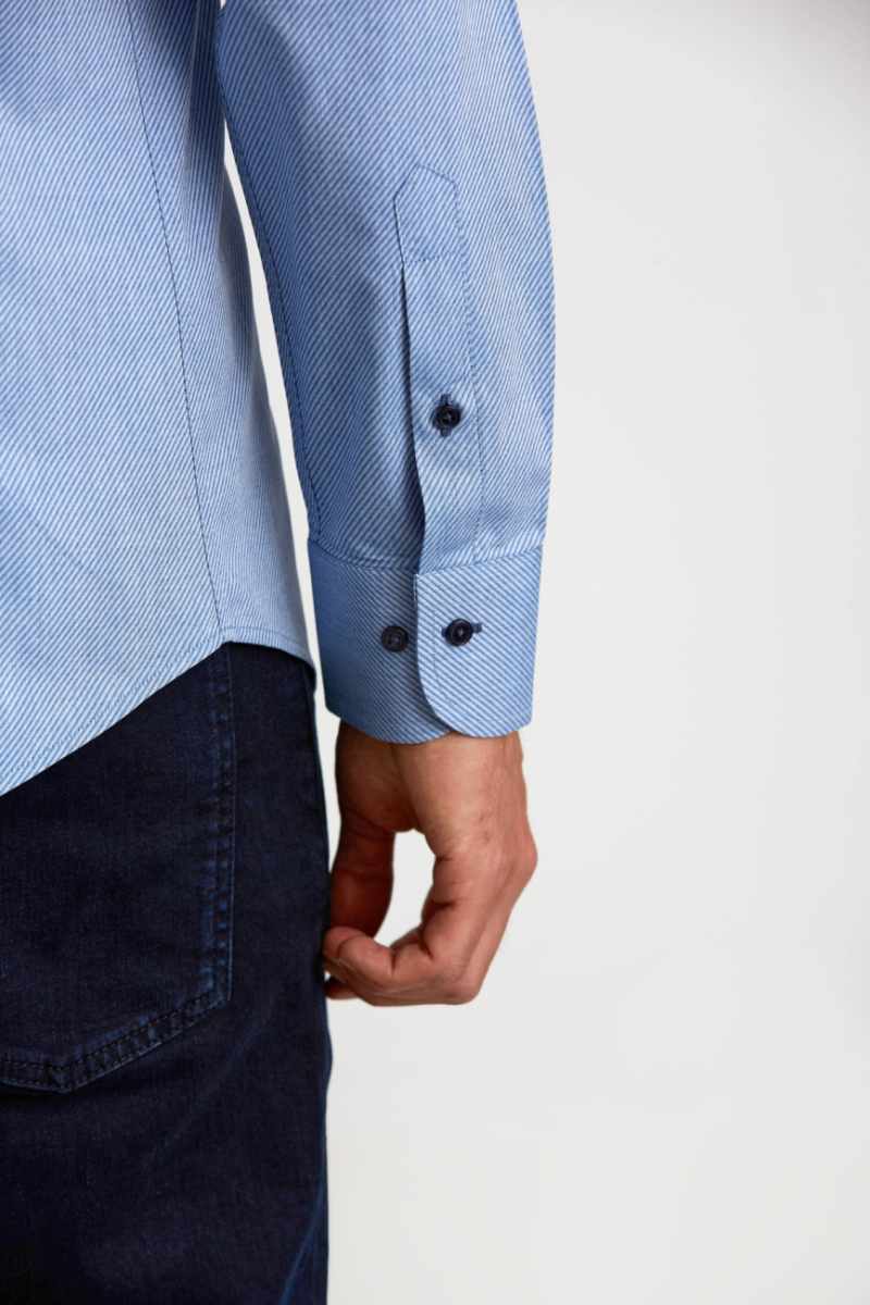 İtalyan Yaka Gizli Düğmeli Uzun Kollu Mavi Spor Erkek Gömlek - 3