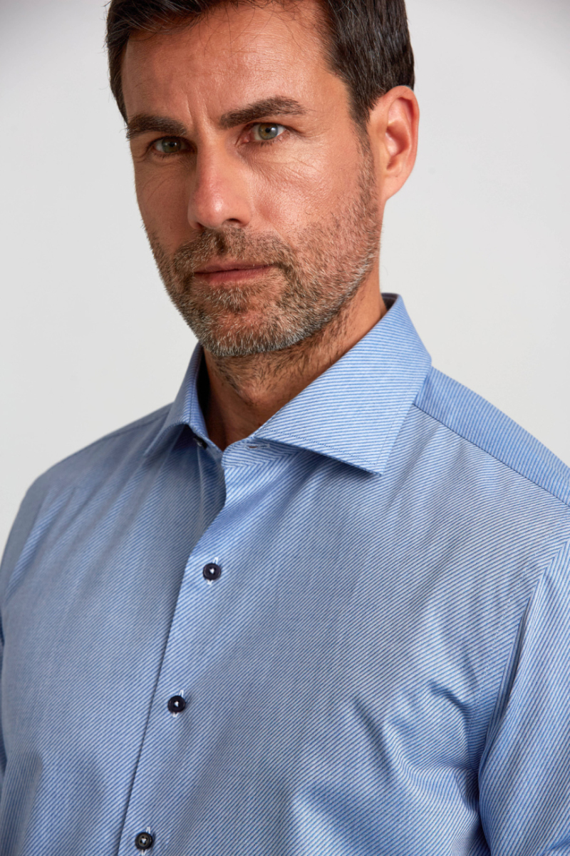 İtalyan Yaka Gizli Düğmeli Uzun Kollu Mavi Spor Erkek Gömlek - 5