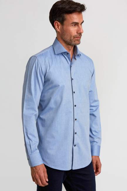 İtalyan Yaka Gizli Düğmeli Uzun Kollu Mavi Spor Erkek Gömlek - 4