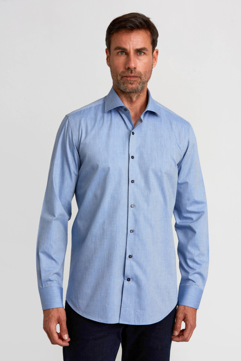 İtalyan Yaka Gizli Düğmeli Uzun Kollu Mavi Spor Erkek Gömlek - 1