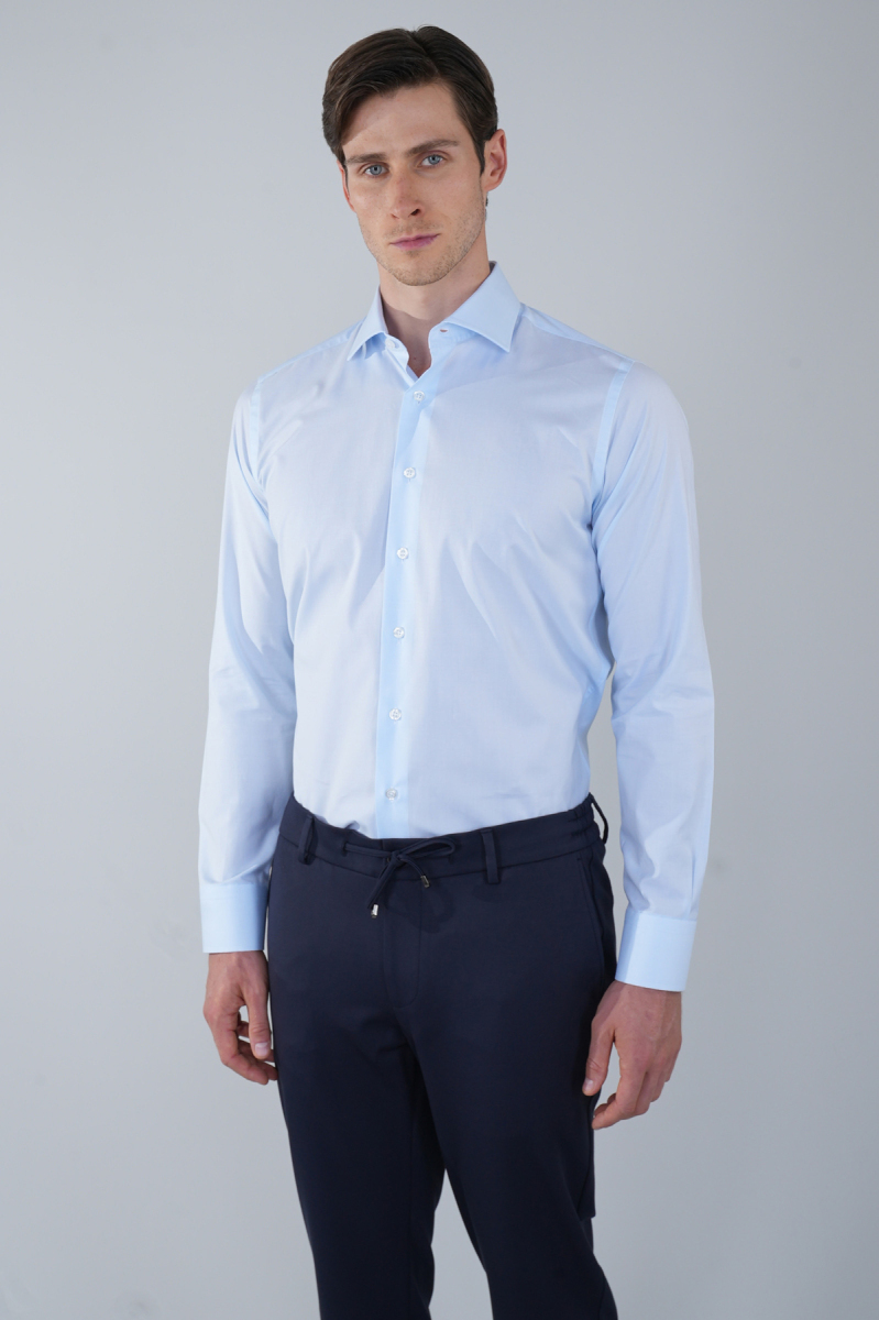 İtalyan Yaka Regular Fit Açık Mavi Uzun Kol Cepsiz Erkek Gömlek - 1
