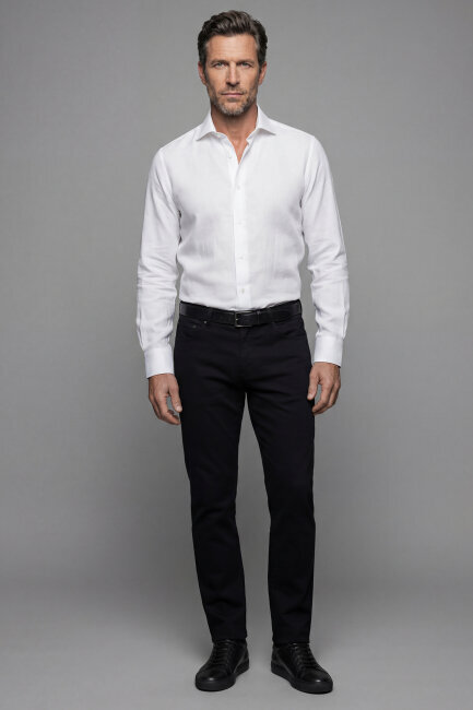 İtalyan Yaka Regular Fit Beyaz Uzun Kol Cepsiz Erkek Gömlek - 1