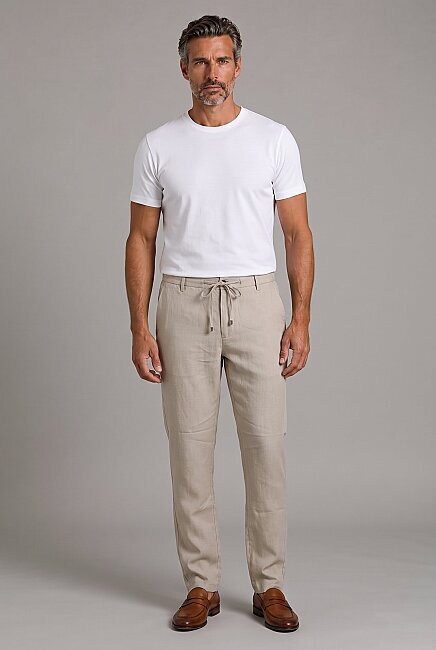 Bej Keten Jogger İpli̇ Pantolon Spor (4)
