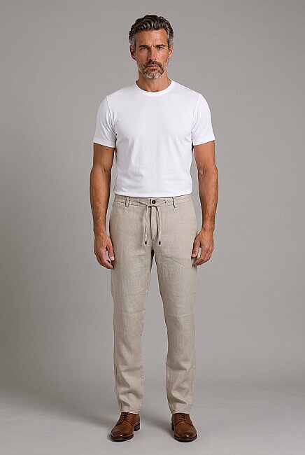 Bej Keten Jogger İpli̇ Pantolon Spor (2)
