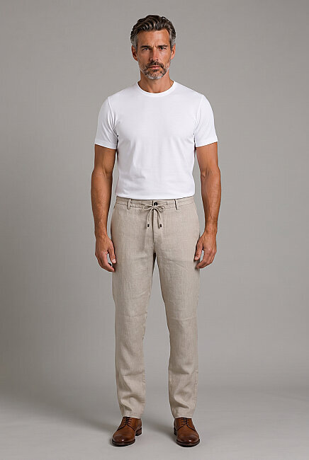 Beige Linen Jogger Ipli Spor Trousers (4)