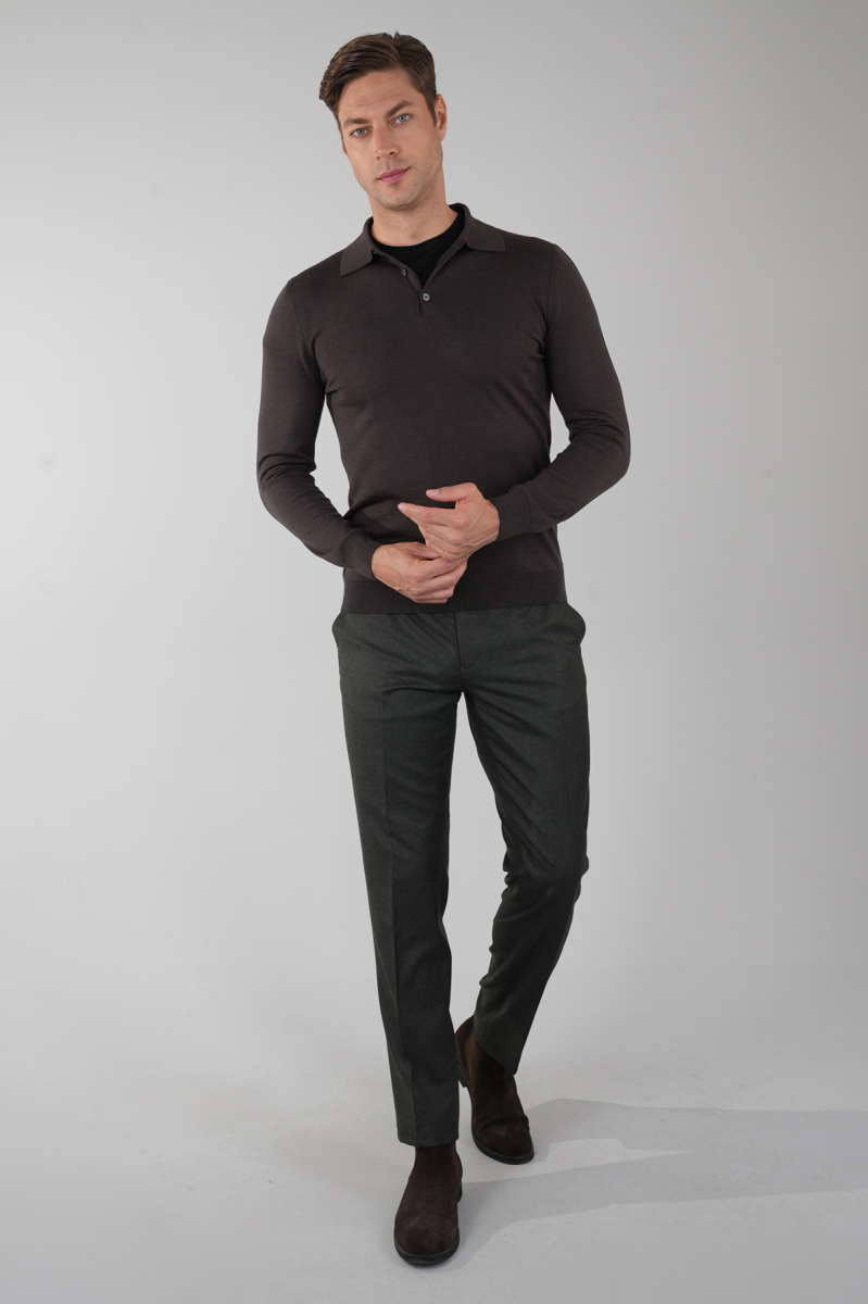 Kahve Düğmeli Polo Yaka Erkek Yün Triko (1)