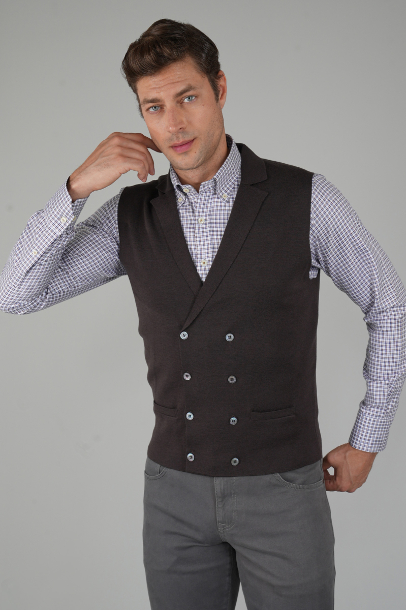 Kahve Kruvaze Yün Erkek Yelek - 1