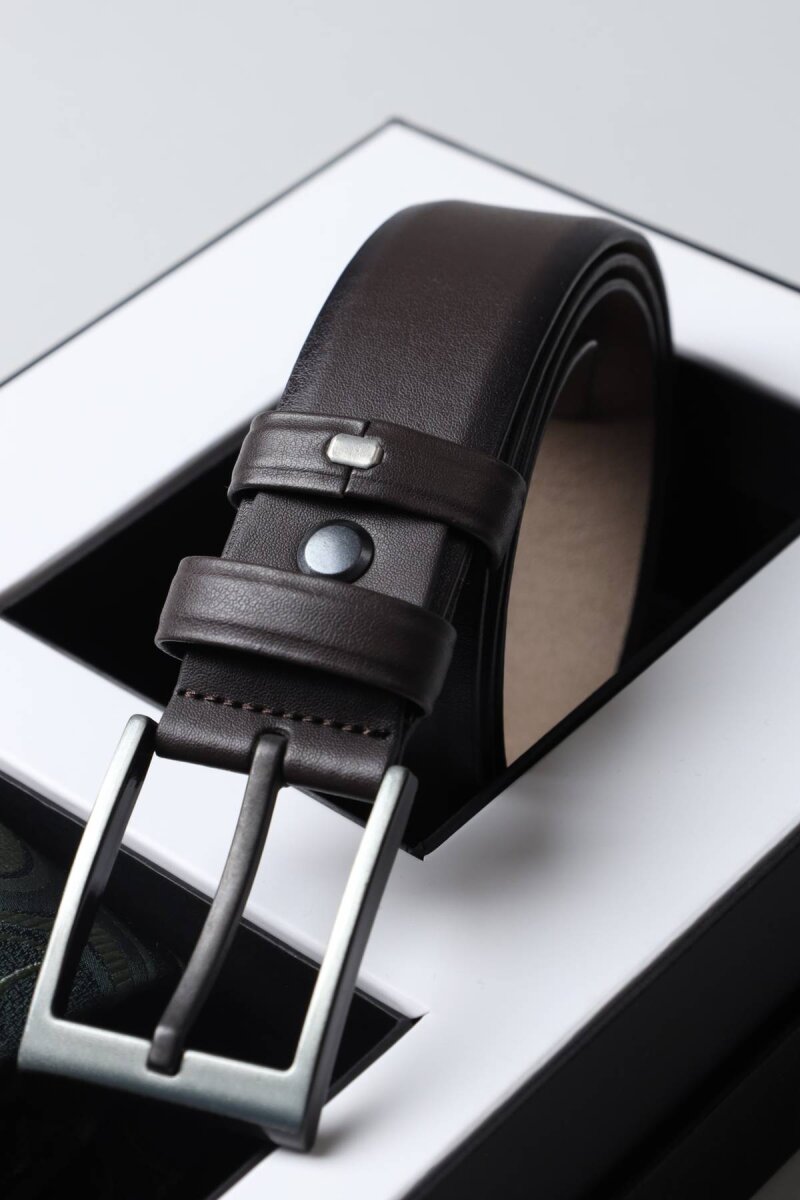 Kahverengi Deri Kemer & Yeşil Kravat 2'li Erkek Hediye Seti - 3