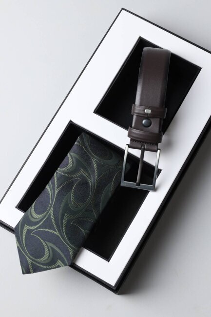 Kahverengi Deri Kemer & Yeşil Kravat 2'li Erkek Hediye Seti