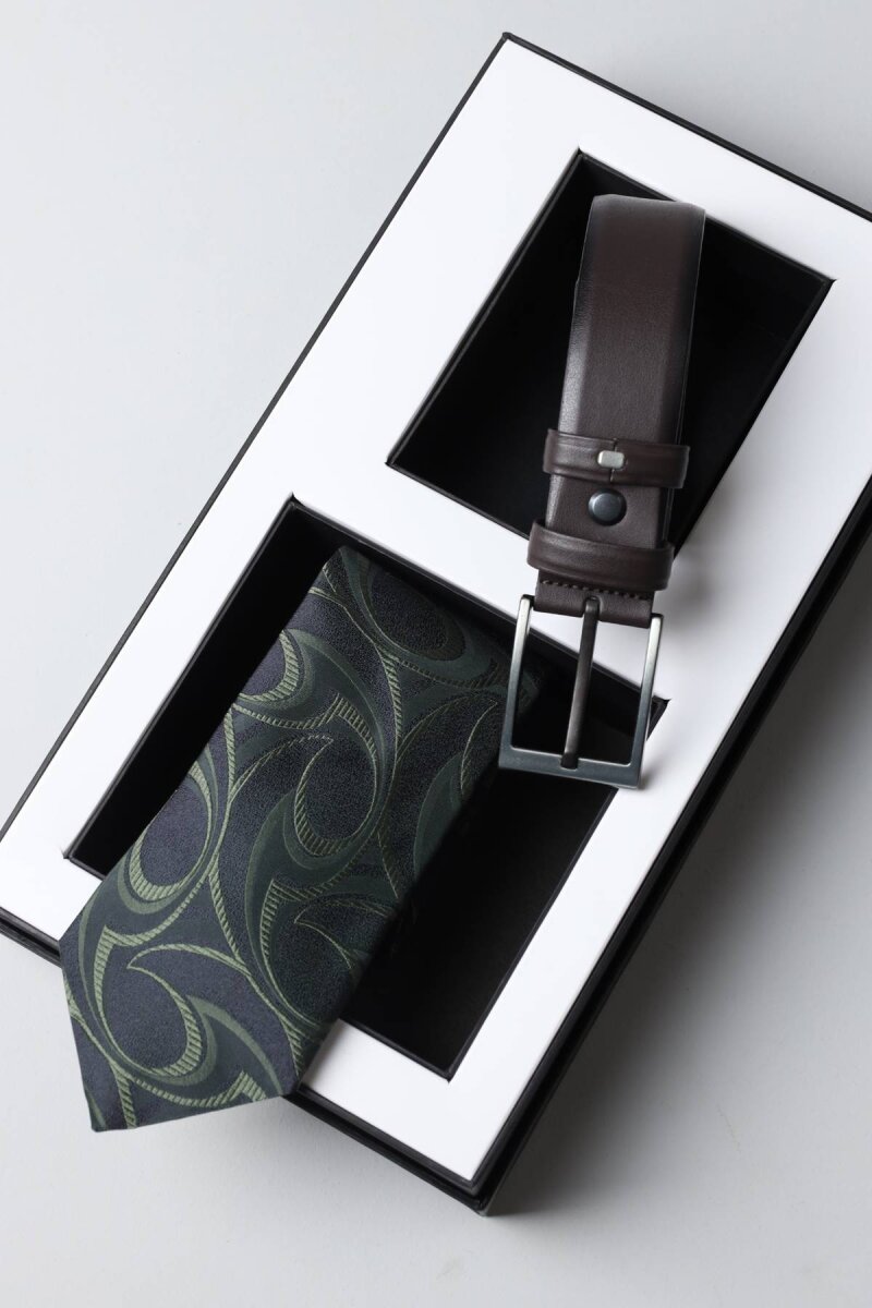 Kahverengi Kemer & Yeşil Kravat 2'li Erkek Hediye Seti - 1