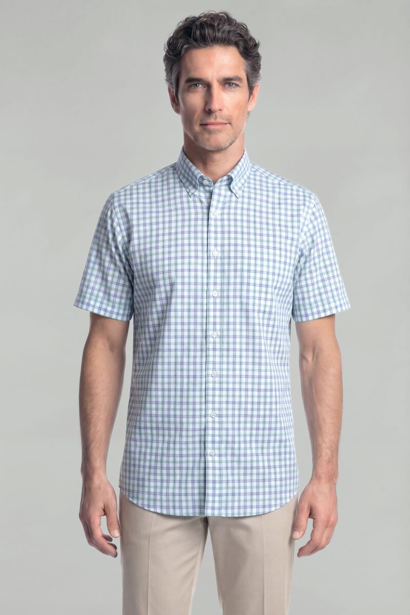 Regular Fit Erkek Kısa Kol Paşa Yaka Pamuk Yeşil Gömlek