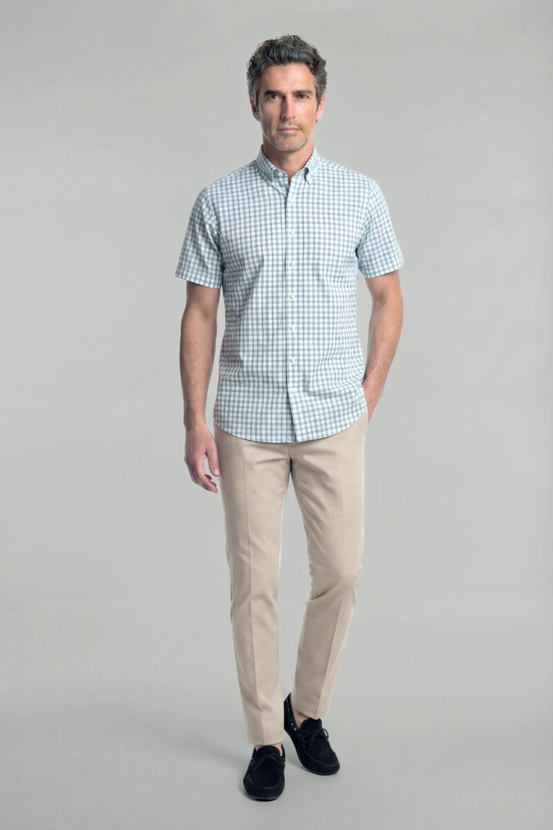 Regular Fit Erkek Kısa Kol Paşa Yaka Pamuk Yeşil Gömlek - 3