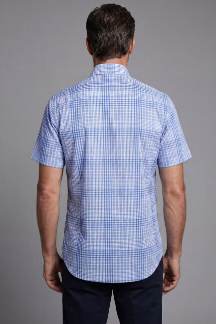 Erkek Regular Fit Kısa Kol Paşa Yaka Tek Cep Pamuk Mavi Gömlek - 2