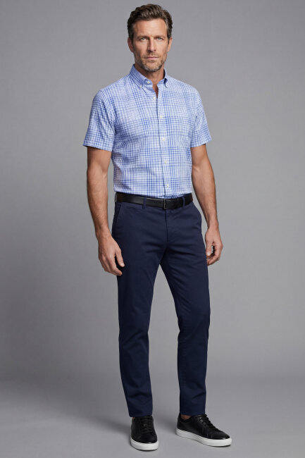 Erkek Regular Fit Kısa Kol Paşa Yaka Tek Cep Pamuk Mavi Gömlek - 5