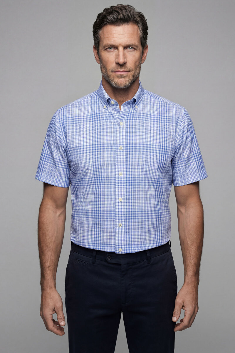 Erkek Regular Fit Kısa Kol Paşa Yaka Tek Cep Pamuk Mavi Gömlek - 1