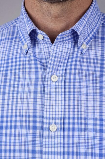 Erkek Regular Fit Kısa Kol Paşa Yaka Tek Cep Pamuk Mavi Gömlek - 4