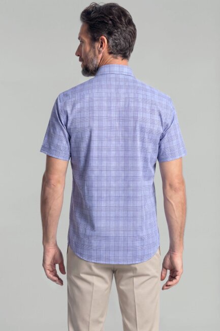 Regular Fit Paşa Yaka Kareli Mavi Tek Cep Erkek Gömlek (1)
