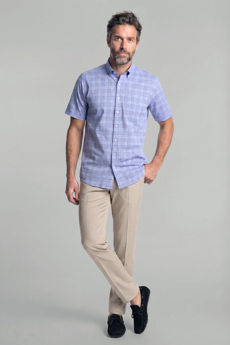 Regular Fit Paşa Yaka Kareli Mavi Tek Cep Erkek Gömlek - 4
