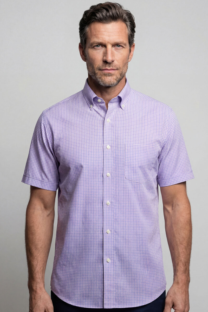 Erkek Regular Fit Kısa Kol Paşa Yaka Tek Cep Pamuk Pembe Gömlek - 1