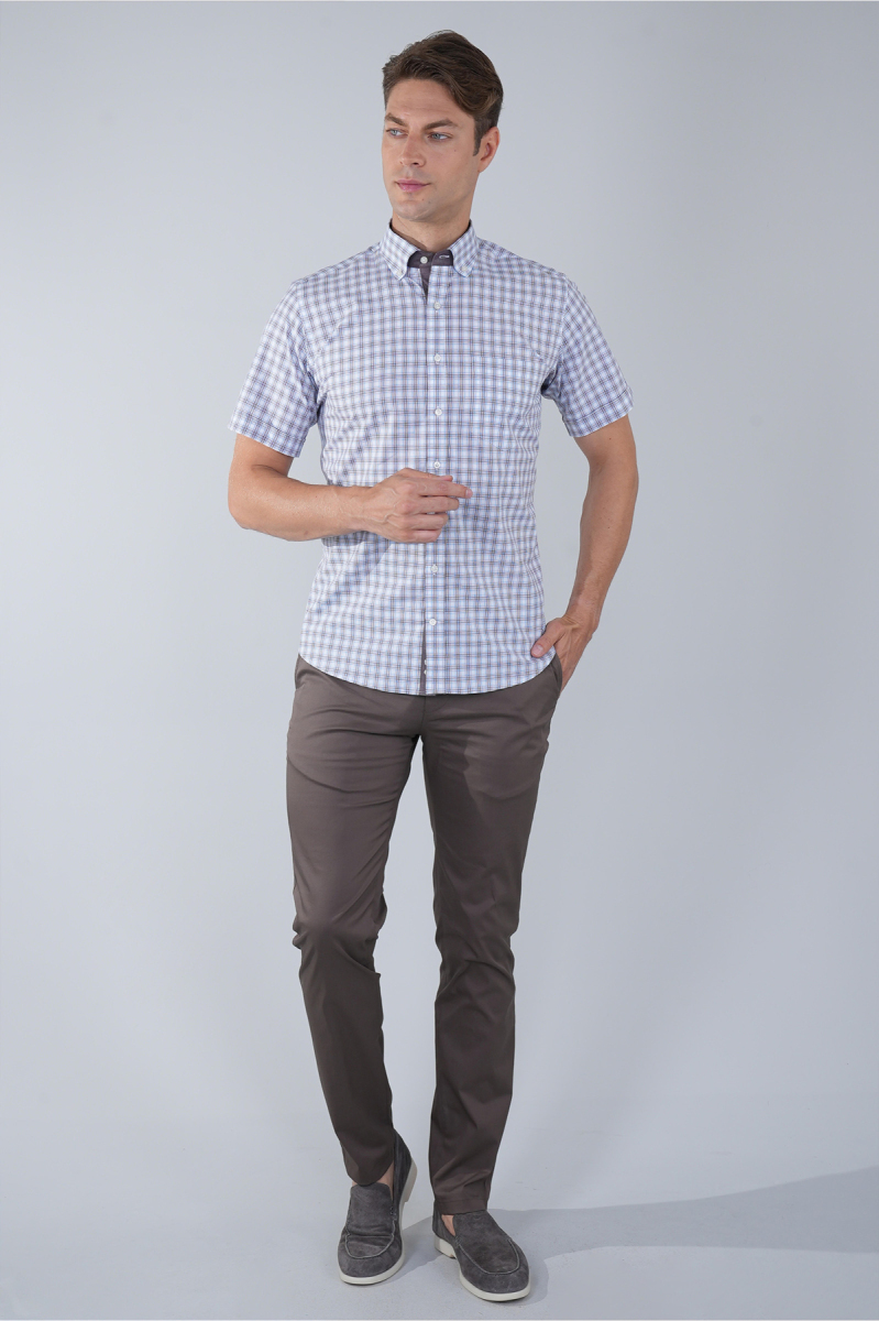 Kısa Kol Paşa Yaka Tek Cep Pamuk Kahve Erkek Gömlek - 5