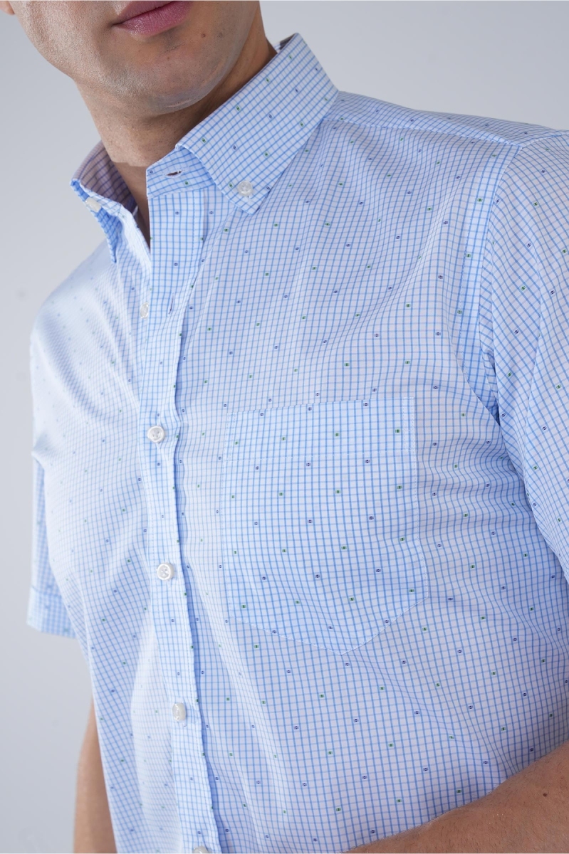 Kısa Kol Paşa Yaka Tek Cep Pamuk Mavi Erkek Gömlek - 3