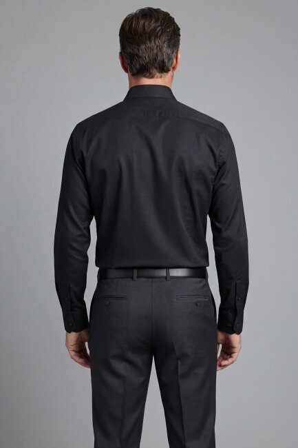 Klasik Regular Fit İtalyan Yaka Pamuk Siyah Erkek Gömlek - 2