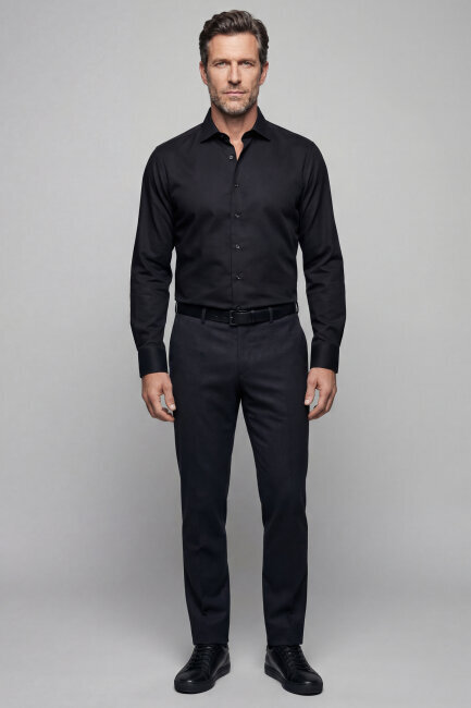 Klasik Regular Fit İtalyan Yaka Pamuk Siyah Erkek Gömlek - 4