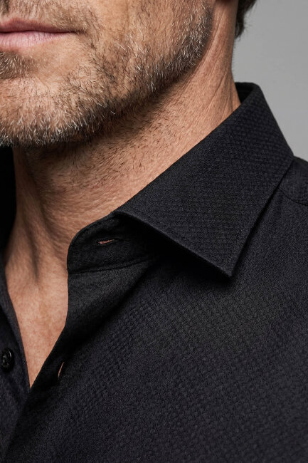 Klasik Regular Fit İtalyan Yaka Pamuk Siyah Erkek Gömlek - 3