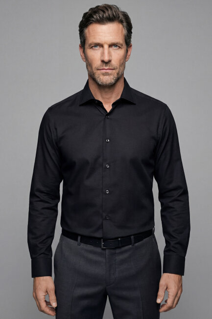 Klasik Regular Fit İtalyan Yaka Pamuk Siyah Erkek Gömlek - 1