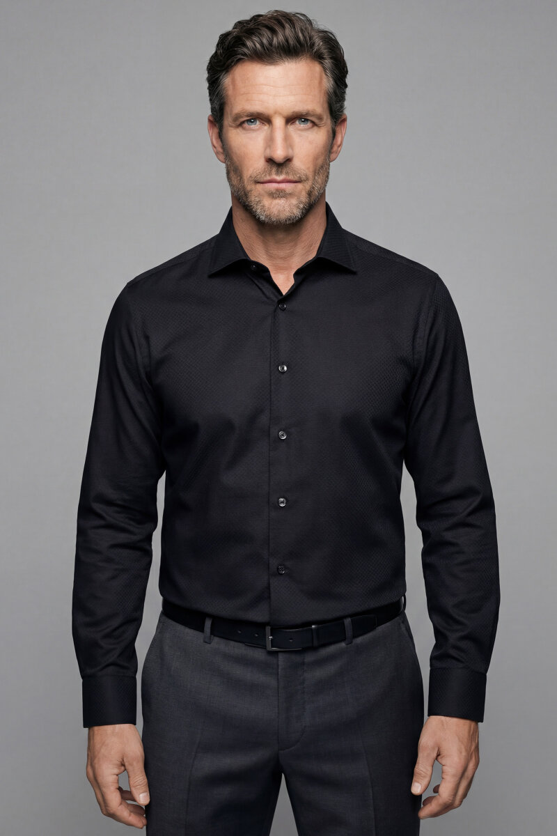 Klasik Regular Fit İtalyan Yaka Pamuk Siyah Erkek Gömlek - 1
