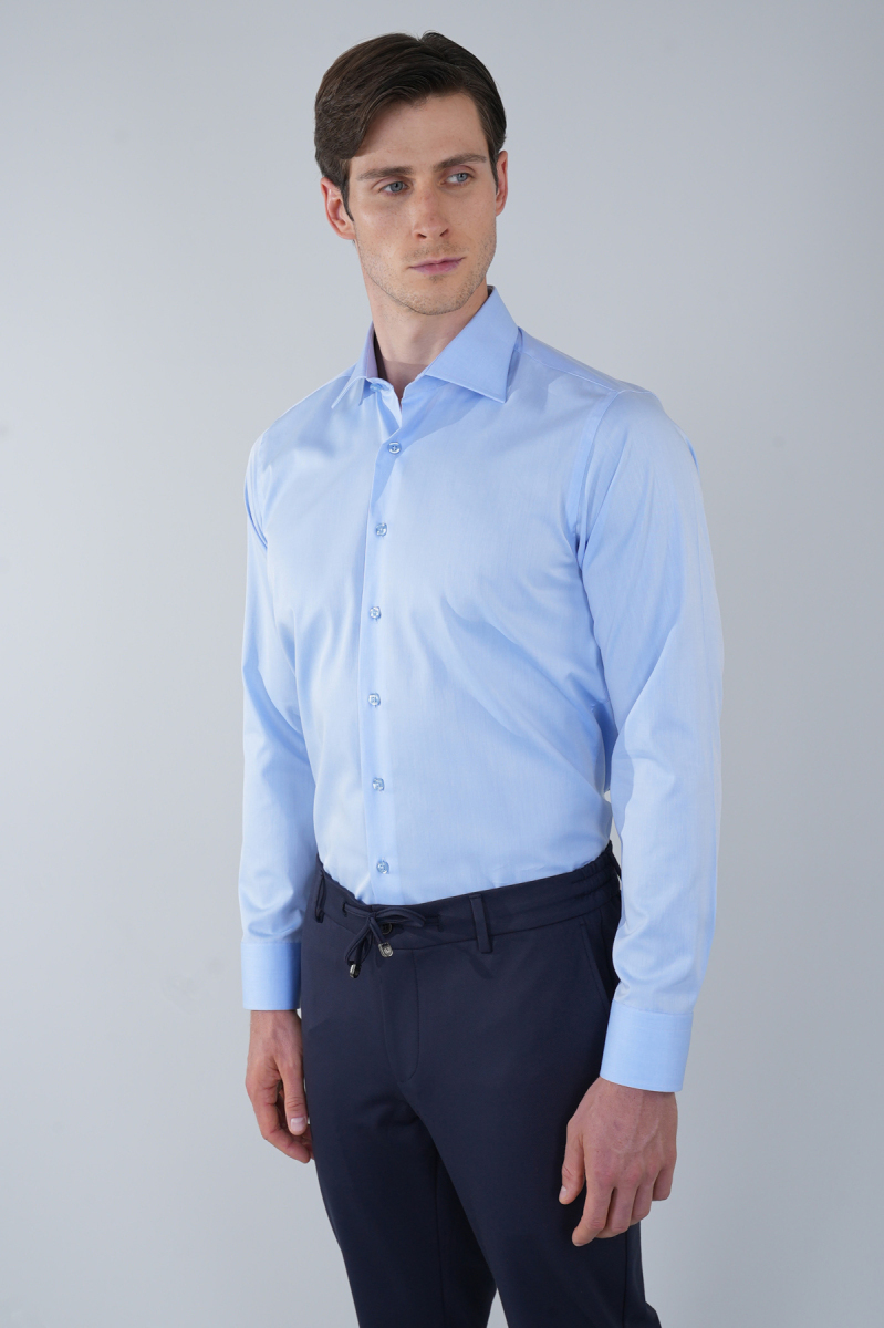 Klasik Yaka Regular Fit Mavi Uzun Kol Cepsiz Erkek Gömlek - 1