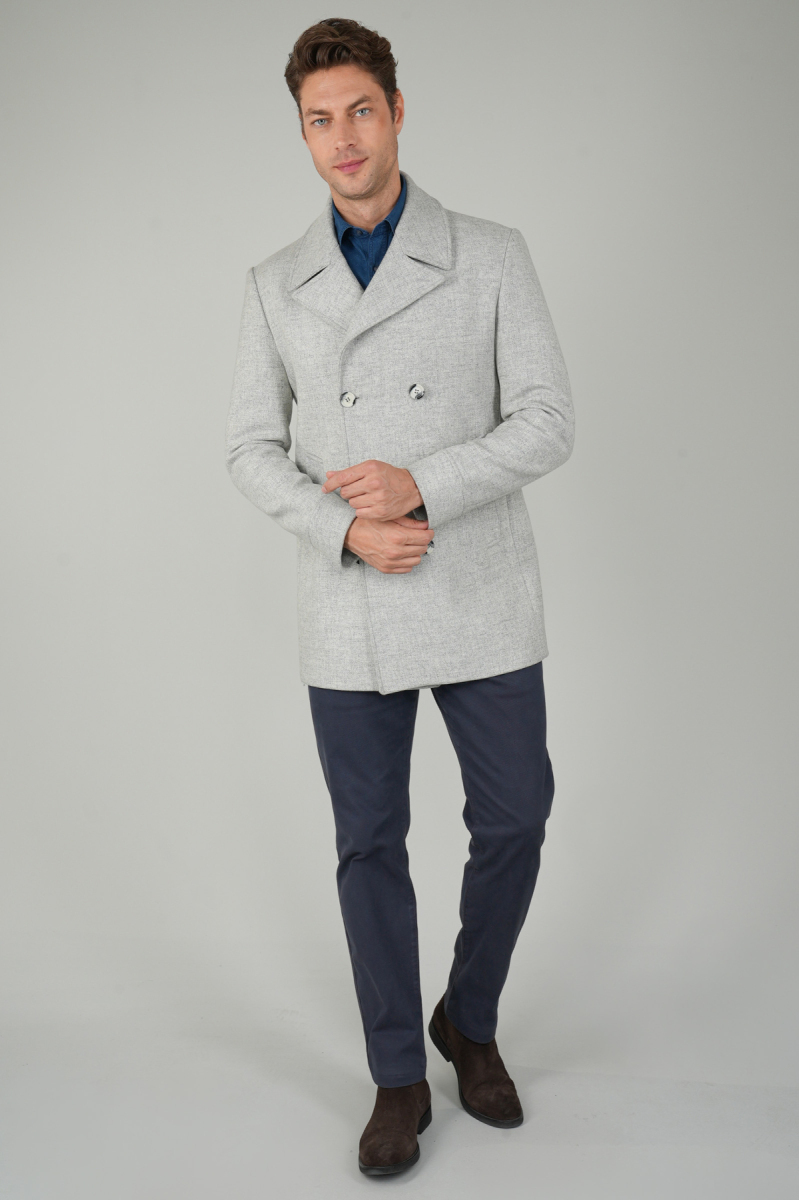 Kruvaze Düğme Detaylı Gri Erkek Kaban - 5