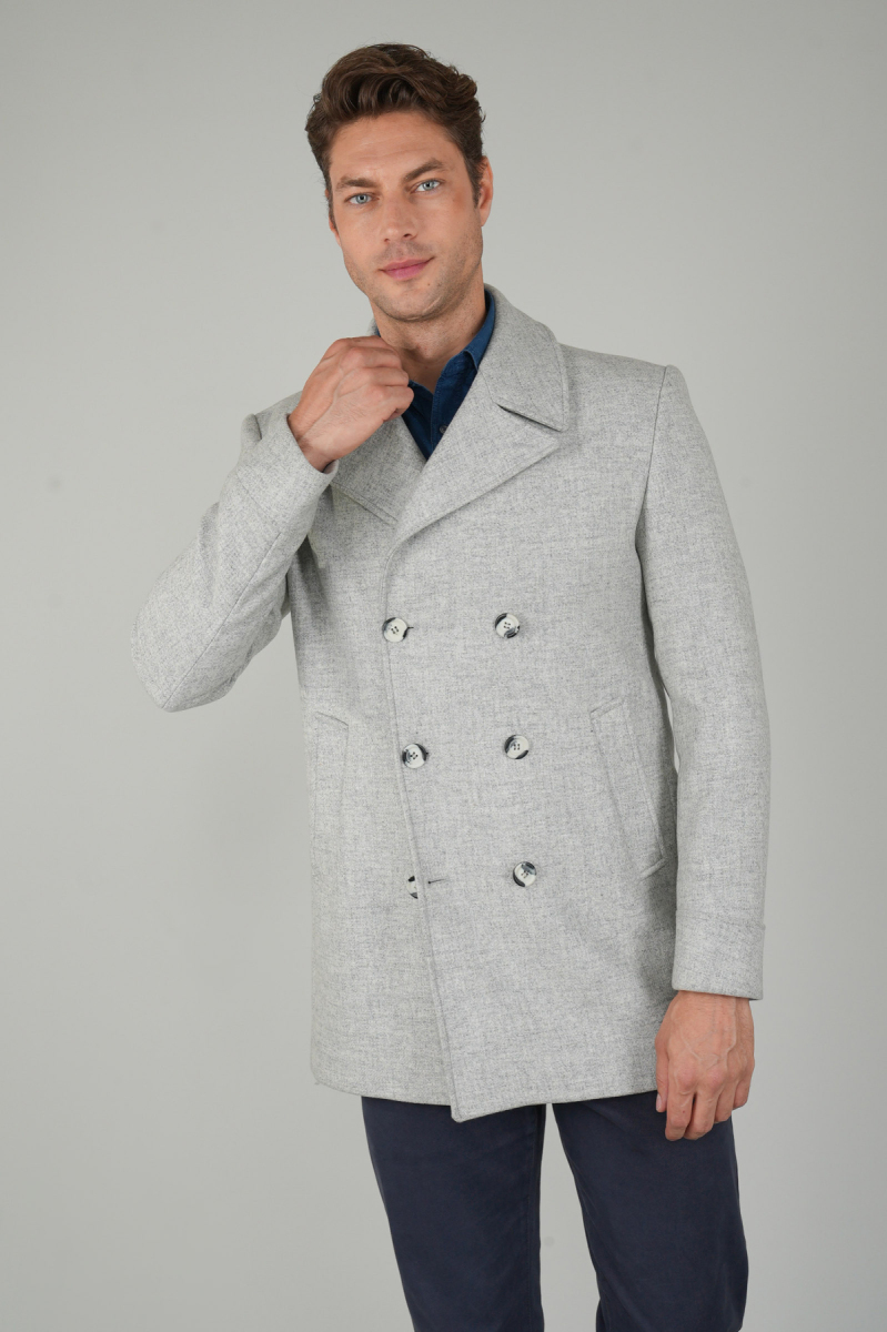 Kruvaze Düğme Detaylı Gri Erkek Kaban - 1