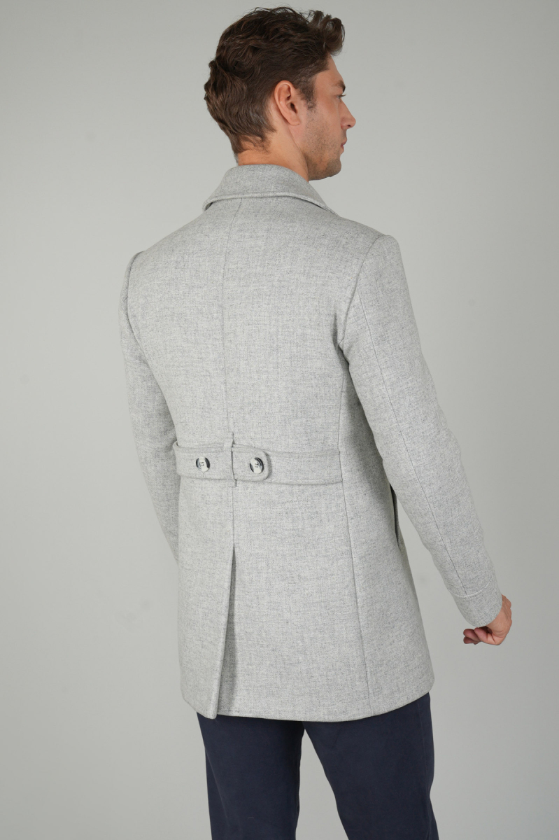 Kruvaze Düğme Detaylı Gri Erkek Kaban - 2