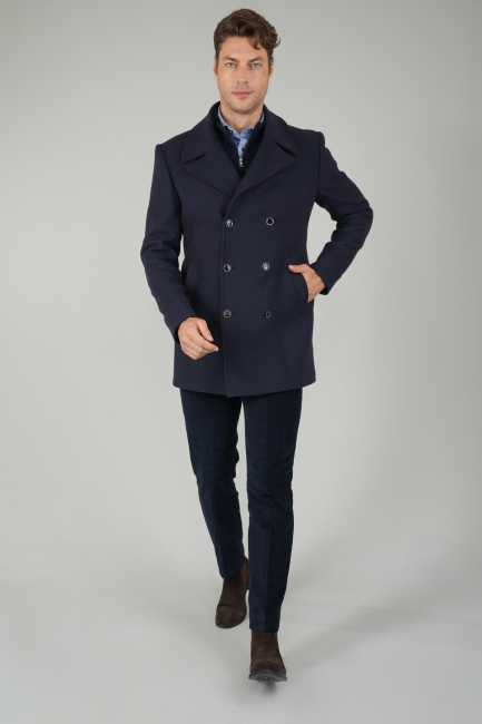 Kruvaze Düğme Detaylı Lacivert Erkek Kaban - 5