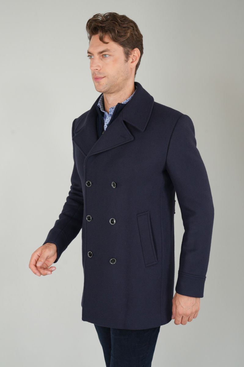 Kruvaze Düğme Detaylı Lacivert Erkek Kaban