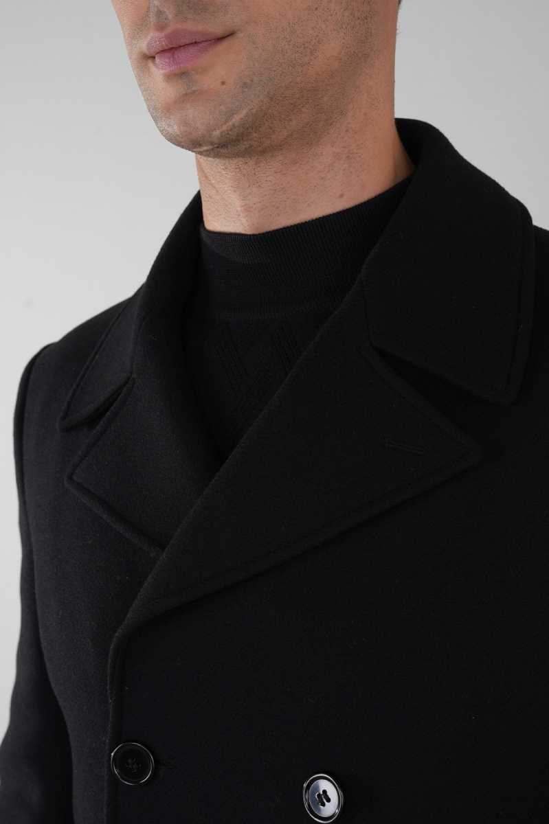 Kruvaze Düğme Detaylı Siyah Erkek Kaban - 3